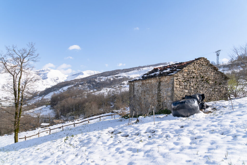 cabaña de piedra con nieve